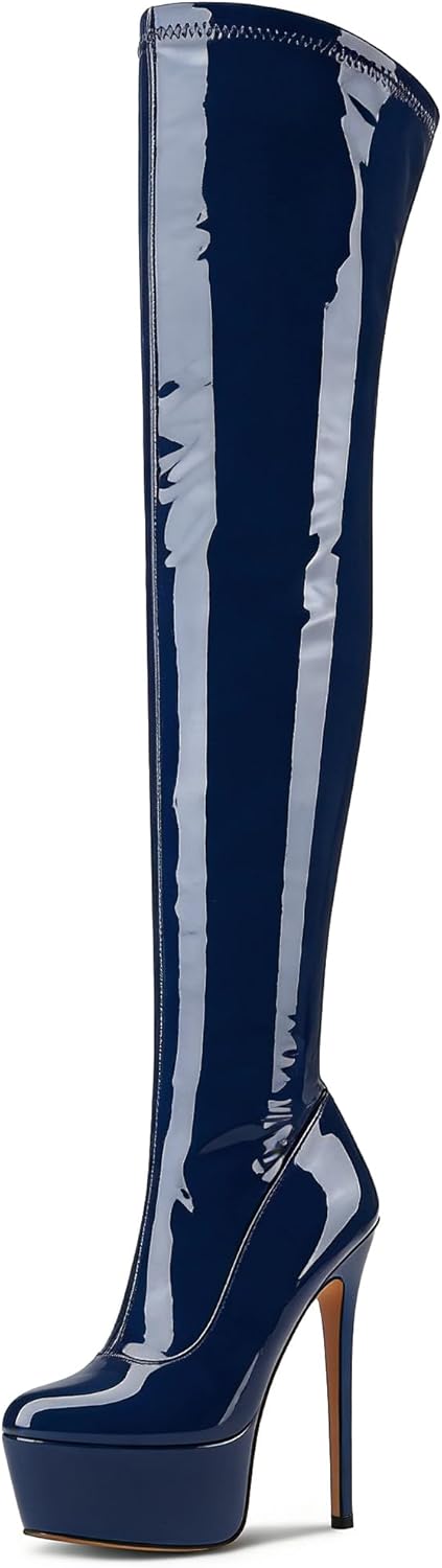 Eldof Women's Over the Knee Boots Thigh High Boot Platform Stiletto High Heels Pointed Toe Long Tall Stretch Patent Sexy Dress Zipper Boots 6 Inches
