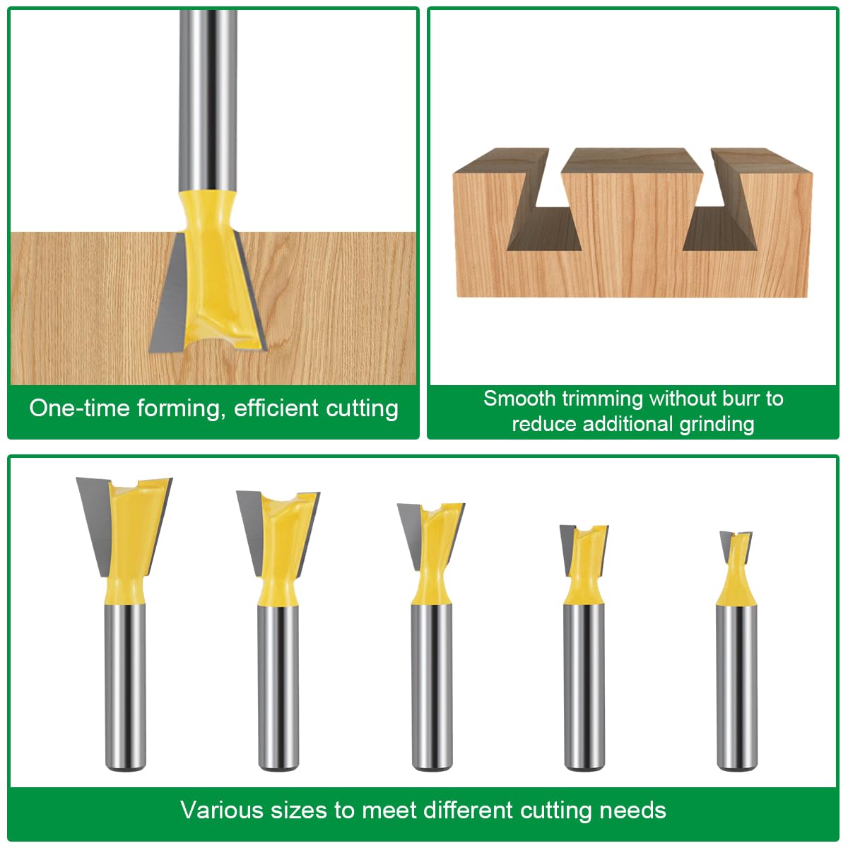 5 Pièces 8mm Fraise à Queue D'aronde Bois, Fraises à Rainurer pour Défonceuse 1/4" 1/2" 3/8" 5/8" 3/4", Fraise a Surfacer en Carbure de Tungstène pour Travaildu Bois Outils de Coupe