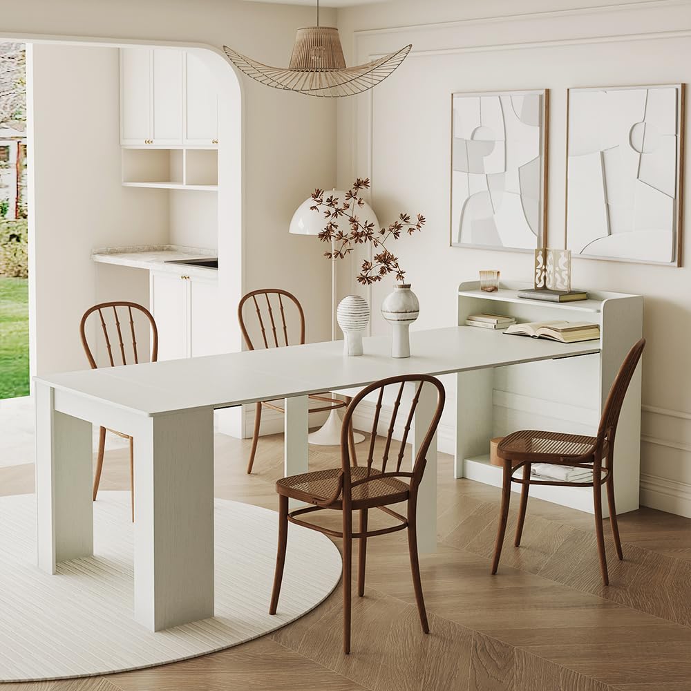 Kennkari Modern Expandable Dining Table for 2-10 People, Rectangle Kitchen Table (White, 98" W with Storage)