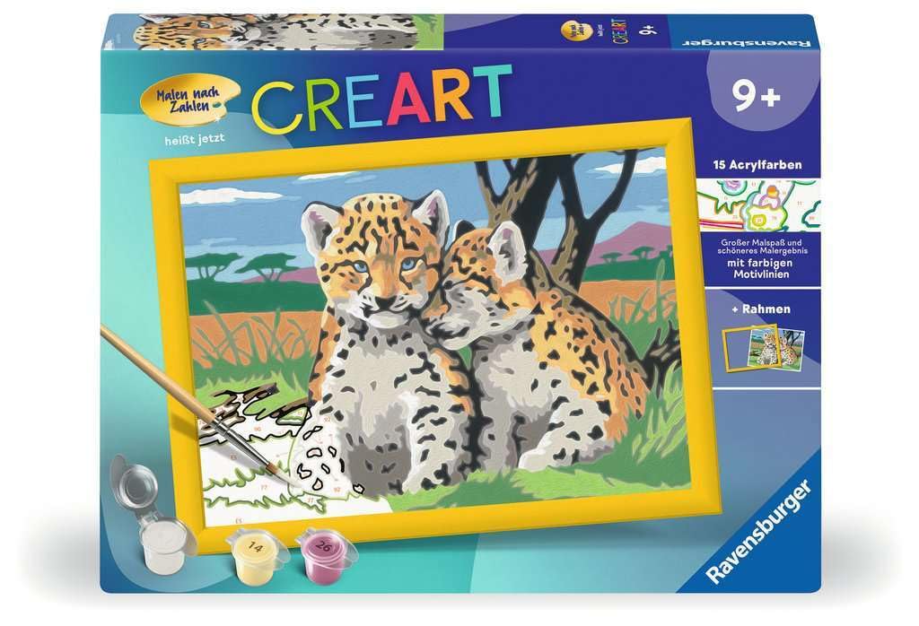 Ravensburger CreArt 28486 - Little Leopards - dipinto con numero per bambini dai 9 anni in su, set di pittura con cornice, pennello e colori acrilici, regalo per ragazze e ragazzi