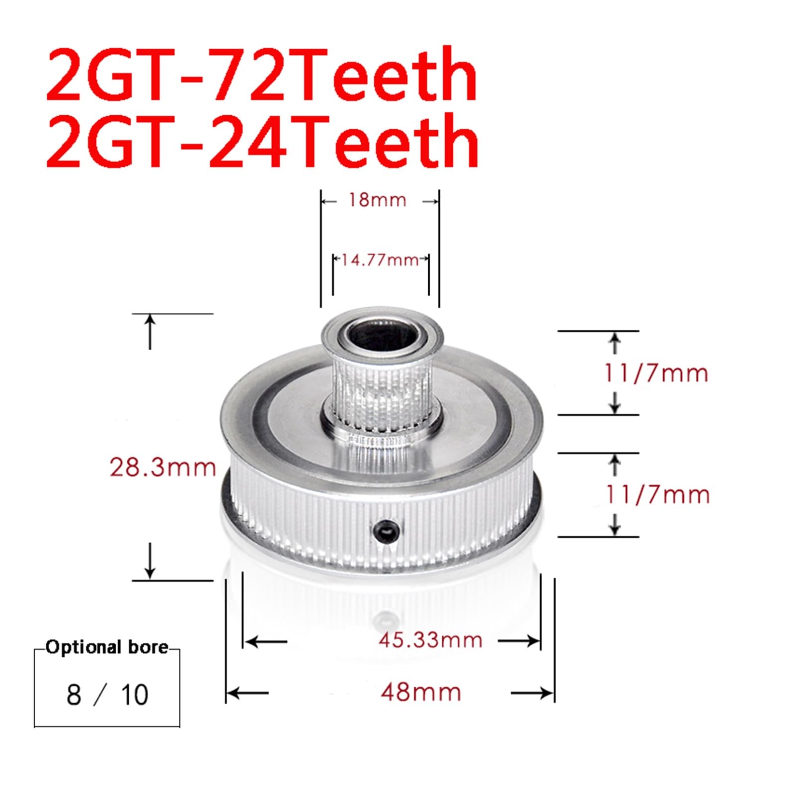 Combinazione di ruote di conversione a doppia fila Ruote multiple 2GT72 Denti con rapporto di velocità della puleggia a doppia cinghia a denti 2GT24 1: 3 (Size : Width 7mm bore 8mm)
