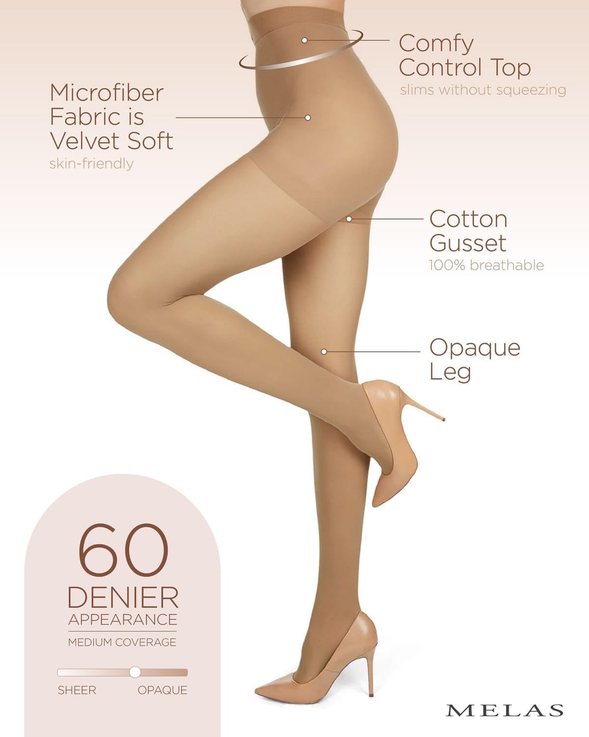 Melas MeMoi Microfiber Control Top Tights, Comfortable Velvet Soft Opaque Tights, 60 Denier - Sizes Small - Q2 - Image 3