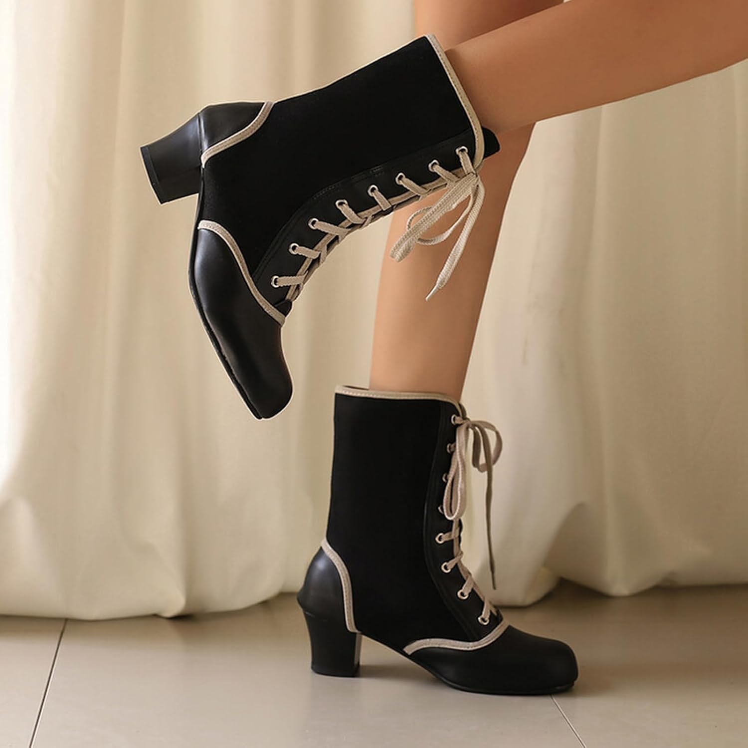 Alyaafifa Lace Up Block Heel Ankle Boots for Women Vintage Victorian Gothic Booties Closed Round Toe Suede Leather Mid Heel Short Boots Comfortable Retro Elegance