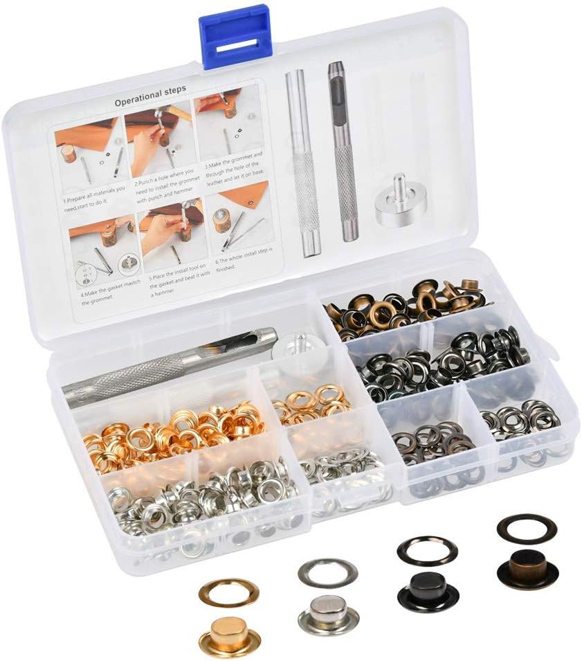 QLOUNI 1/4 Inch Grommet Kit 200 Sets Grommets Eyelets with 3 Pieces Install Tool Kit (4 Colors)