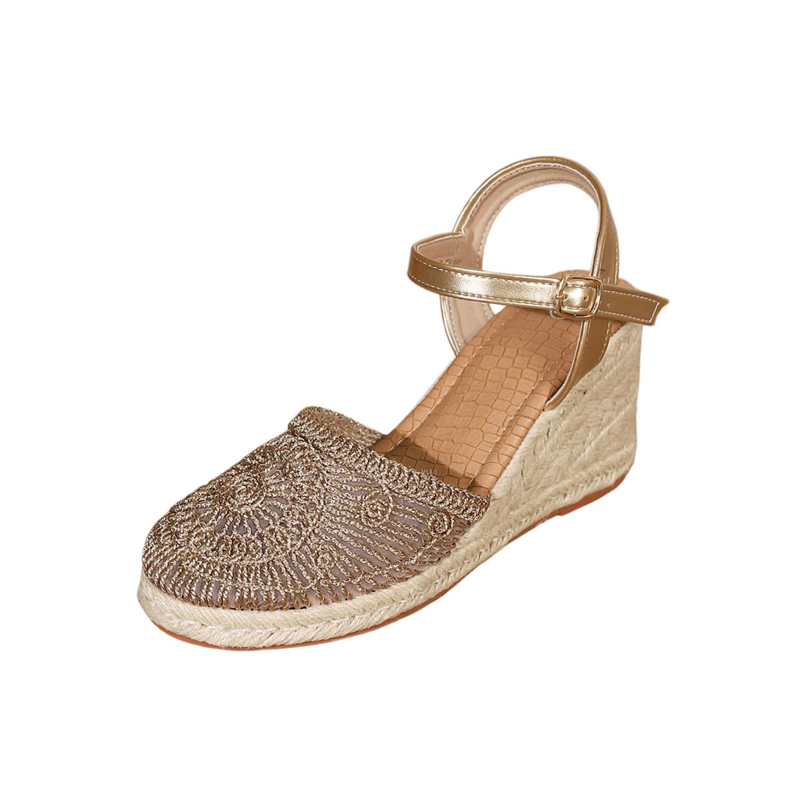 Sandalias De Alpargatas Bordadas Para Mujer, Con Y Tiras Al Tobillo, Punta Cerrada, Zapatos Verano Blancas Mujer (Rose Gold, 43) Cuñas Beige Esparto Negras Cuña Trekking Yute Sport