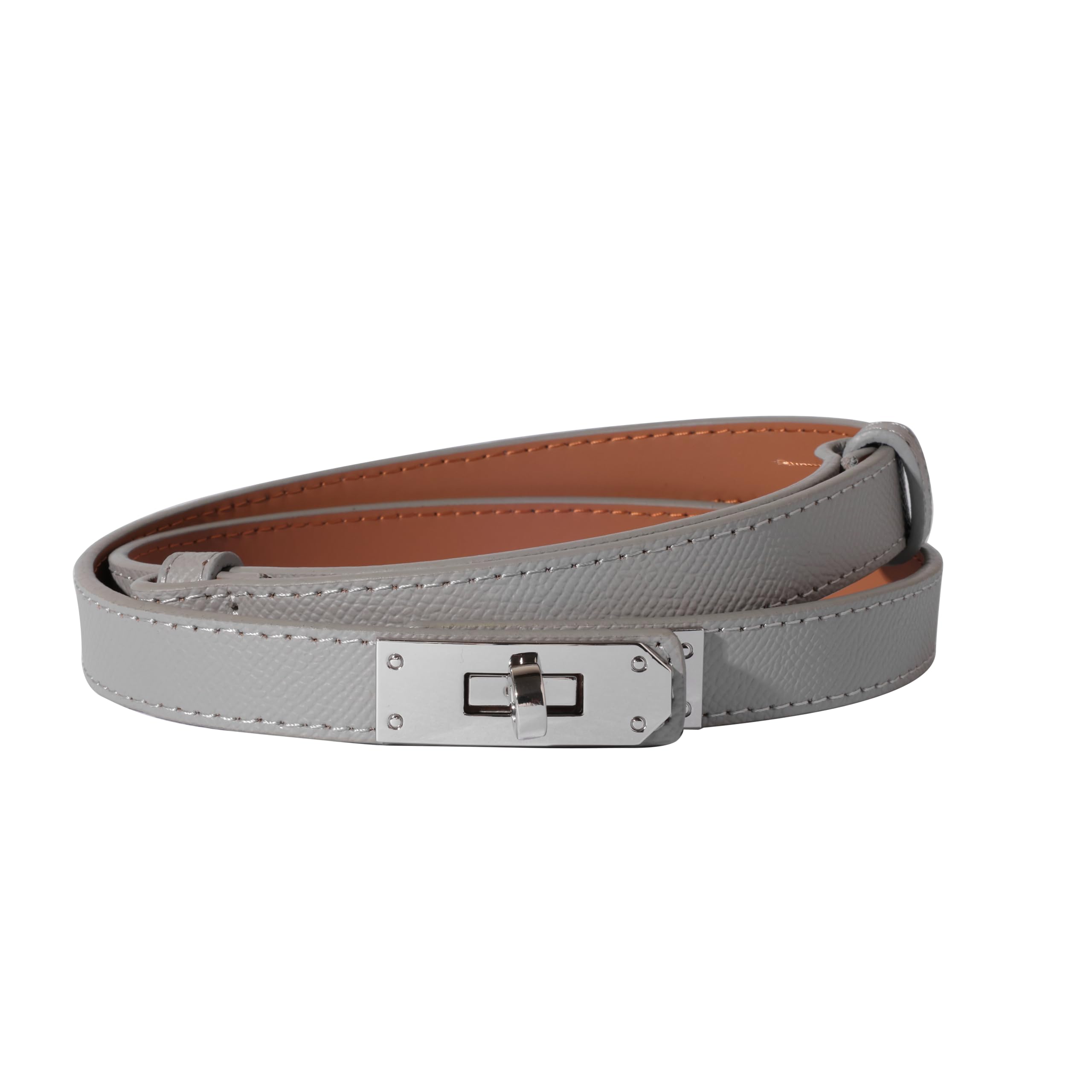 Ovekaut Women Skinny Leather Belt Solid Color Alloy Turn Lock Adjustable Waistband for Dresses Jeans Coats, Light Gray / Silver, Adjustable