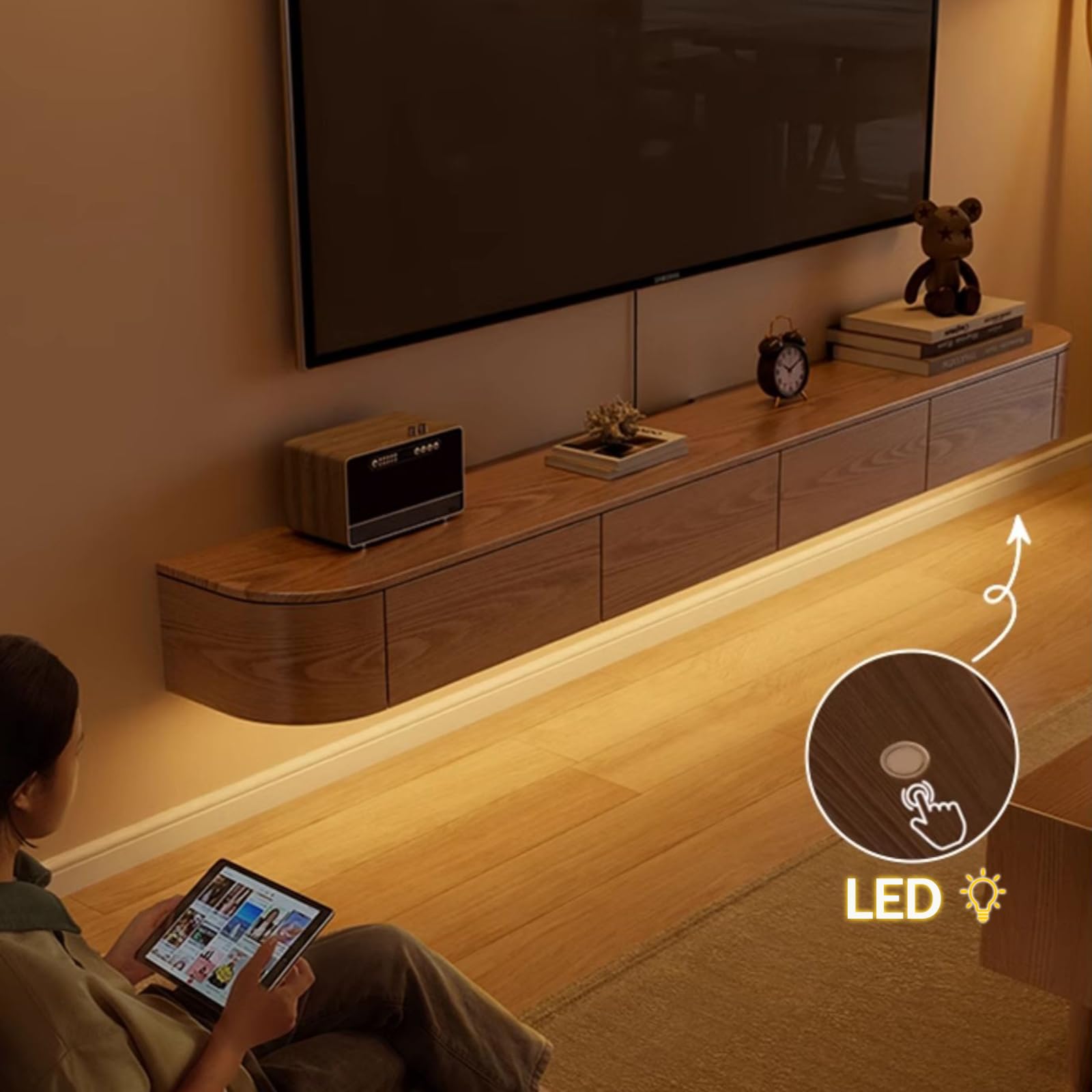Meuble TV flottant 180 cm, porte et rangement, console moderne (marron, 180 cm, LED)