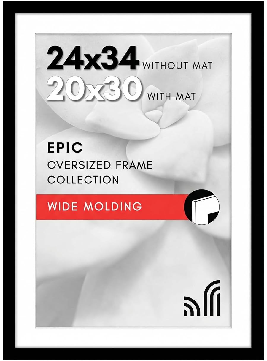 Americanflat 24x34 Poster Frame with Polished Plexiglass - Use as 20x30 Frame with Mat or 24x34 Frame Without Mat - Epic Collection - Wide Picture Frame for Wall Display - Black