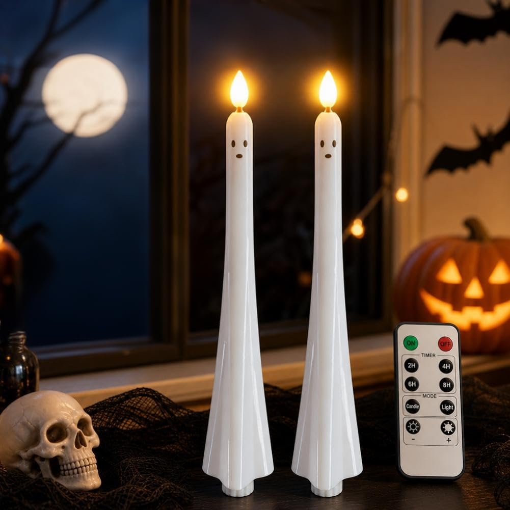 Halloween Ghost Flameless Taper Candles Flickering LED Battery Operated with Remote and Timer, 3D Wick Flickering Halloween Candle, Spooky Ghost Candles for Indoor Holiday Party Home Decoration