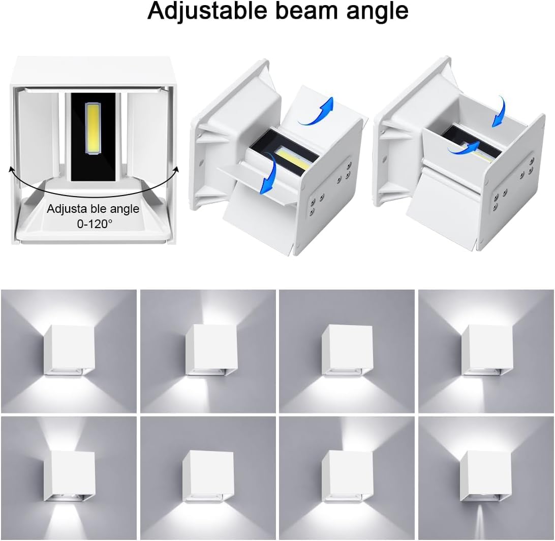 Diagram showing the adjustable beam angle mechanism of the ledmo LED wall light, with internal paddles that can be moved from 0 to 120 degrees.