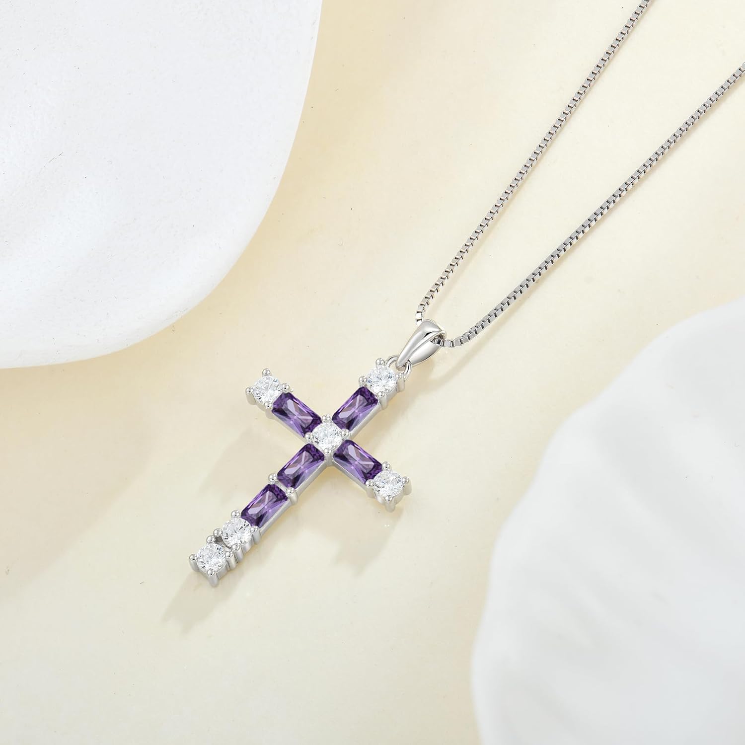 Birthstone Cross Necklace for Women 925 Sterling Silver Christian Religious Crucifix Pendant Rectangular Cut Birthstone Jewelry Gifts for Her