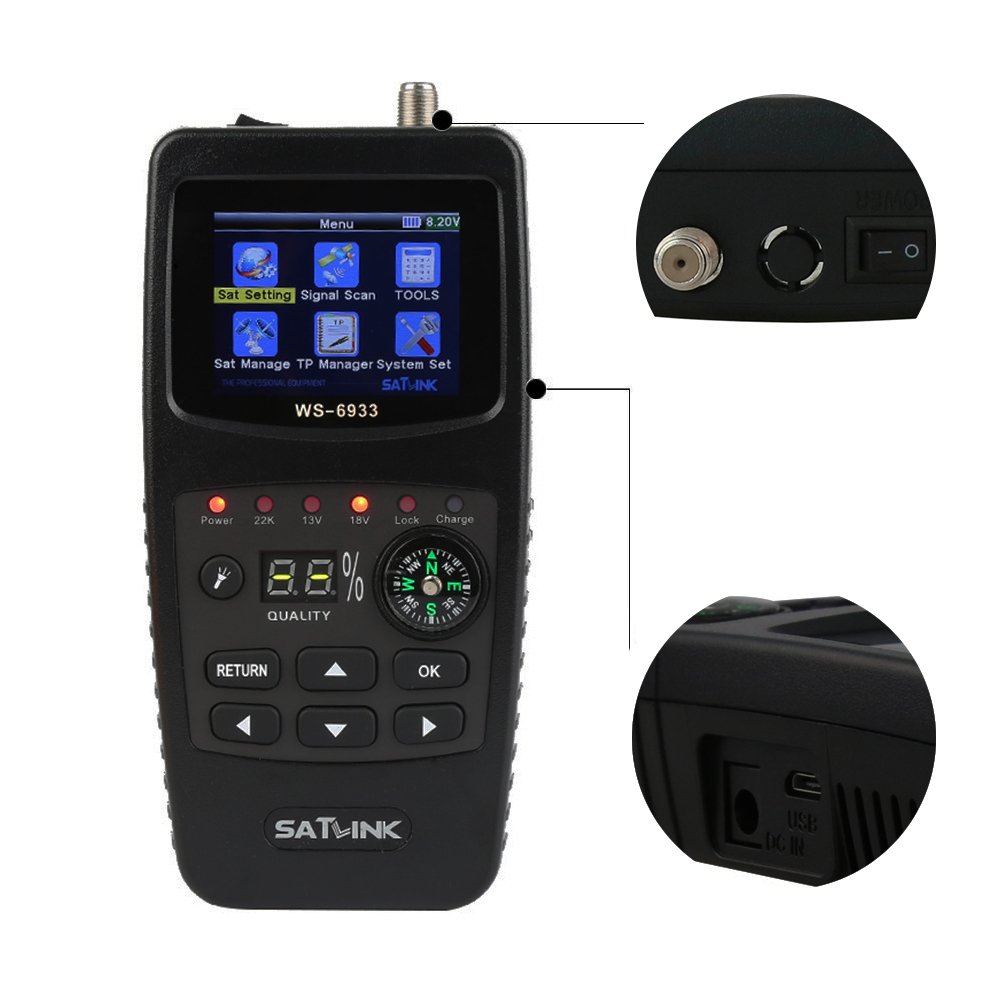 Satlink Sat Finder DVB-S2/S Digitale FTA Rilevatore di Segnale Satellitare Parabola, satellite TV Segnale finder, con Bussola e Torcia Elettrica Funzione [2,1'' Display LCD] - WS-6933