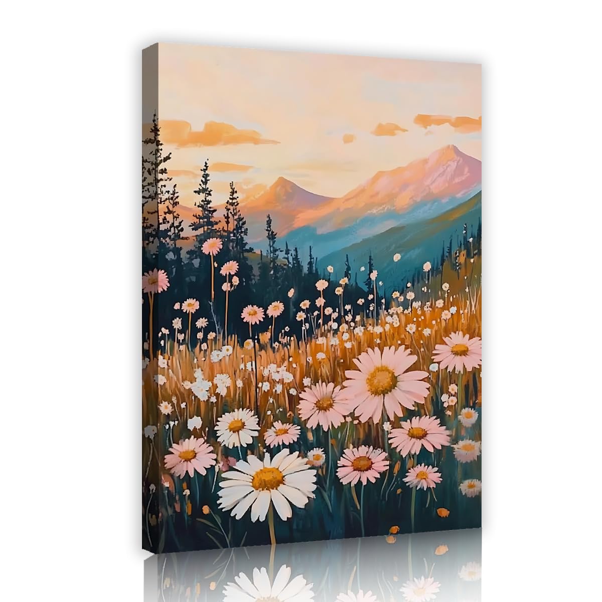 CHERHERART Pink White Flower Wall Art Mountain Daisy Field Canvas Paintings Sunset Valley Landscape Pictures Prints for Bathroom Dining Room 25x40cm Innerframe