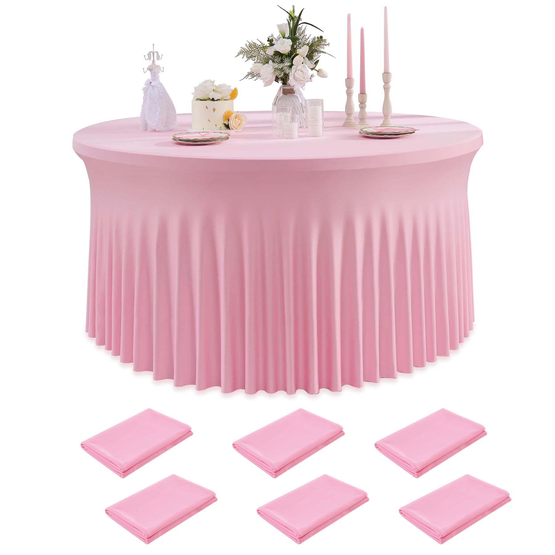 6 Pack Baby Pink Spandex Round Table Cloth for 60 in Tables, Stretchy Fitted 5FT Tablecloths for Wedding Party, Wrinkle Free and Washable Polyester Table Cover for Outdoor Indoor Parties