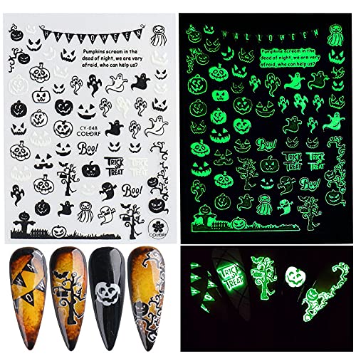 Luminous Nail Stickers - 3D Halloween Nail Art Designs - Skull, Ghost, Pumpkin, Spider, Bat Decals - Self-Adhesive, 6 Sheets
