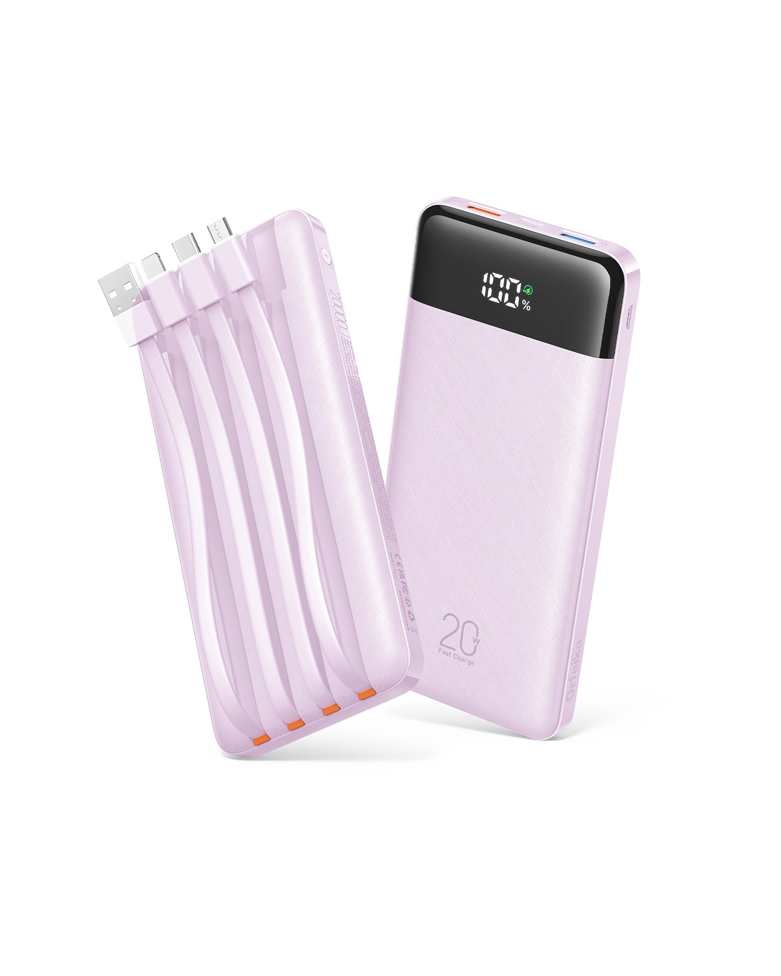 Orfeika Batería externa de 20000 mAh, carga rápida, cargador portátil con 4 cables integrados y 6 salidas, batería PD USB C de 20 W compatible con iPhone 16/15, Galaxy, Android, iPad y más (esencial