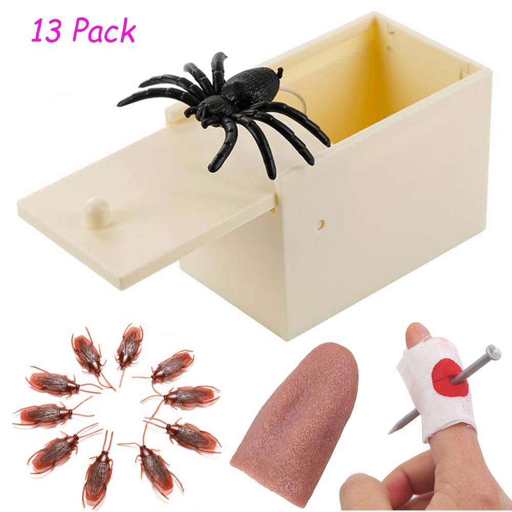 Meocute Funny Prank Prop Horrific Toys,Prank Toys Spider Scare Box/Fake Tongue/Simulation Rubber Cockroach/Fake Nail Through Finger Trick/Scare Prank Box(13 Pack)