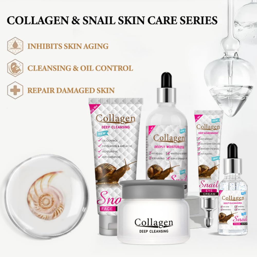 Collagen Snail Series Face Wash Facial Serum Eye Cream Moisturizing Cream Body Serum Skin Care 5pcs Set