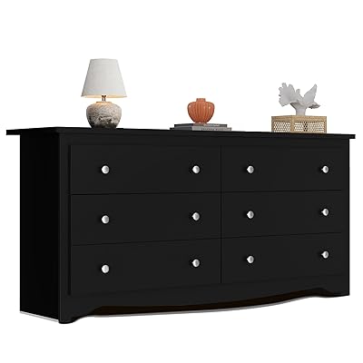 WLIVE Black Wooden Dresser for Bedroom, 6 Drawers Chest of Drawers, 59" Wide Modern Dresser Closet Storage Organizer for Living Room Hallway
