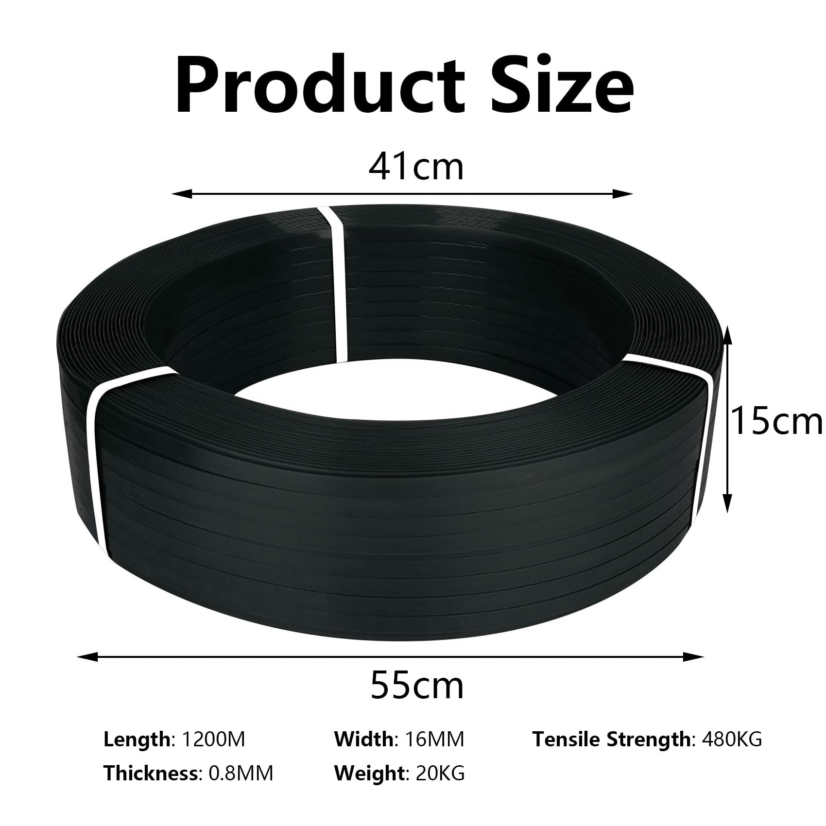 Reggia Reggetta in Plastica Polipropilene Rotolo per Reggia per Imballaggio con 70 Fibbie 1200 m x 16 mm x 0,8 mm Resistenza alla Rottura 530 kg per Mattoni Legno Magazzini Trasporti(Color:Black)