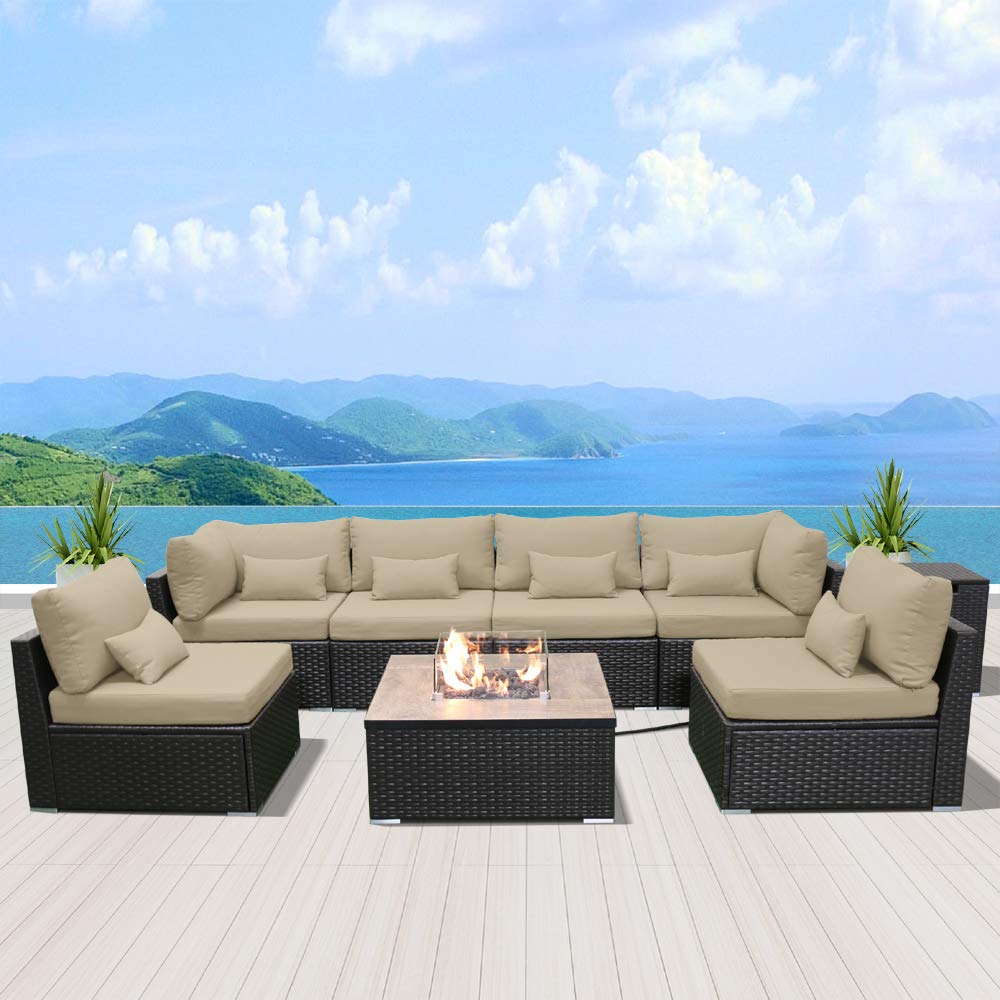 DINELI Patio Furniture Sectional Sofa with Gas Fire Pit Table Outdoor