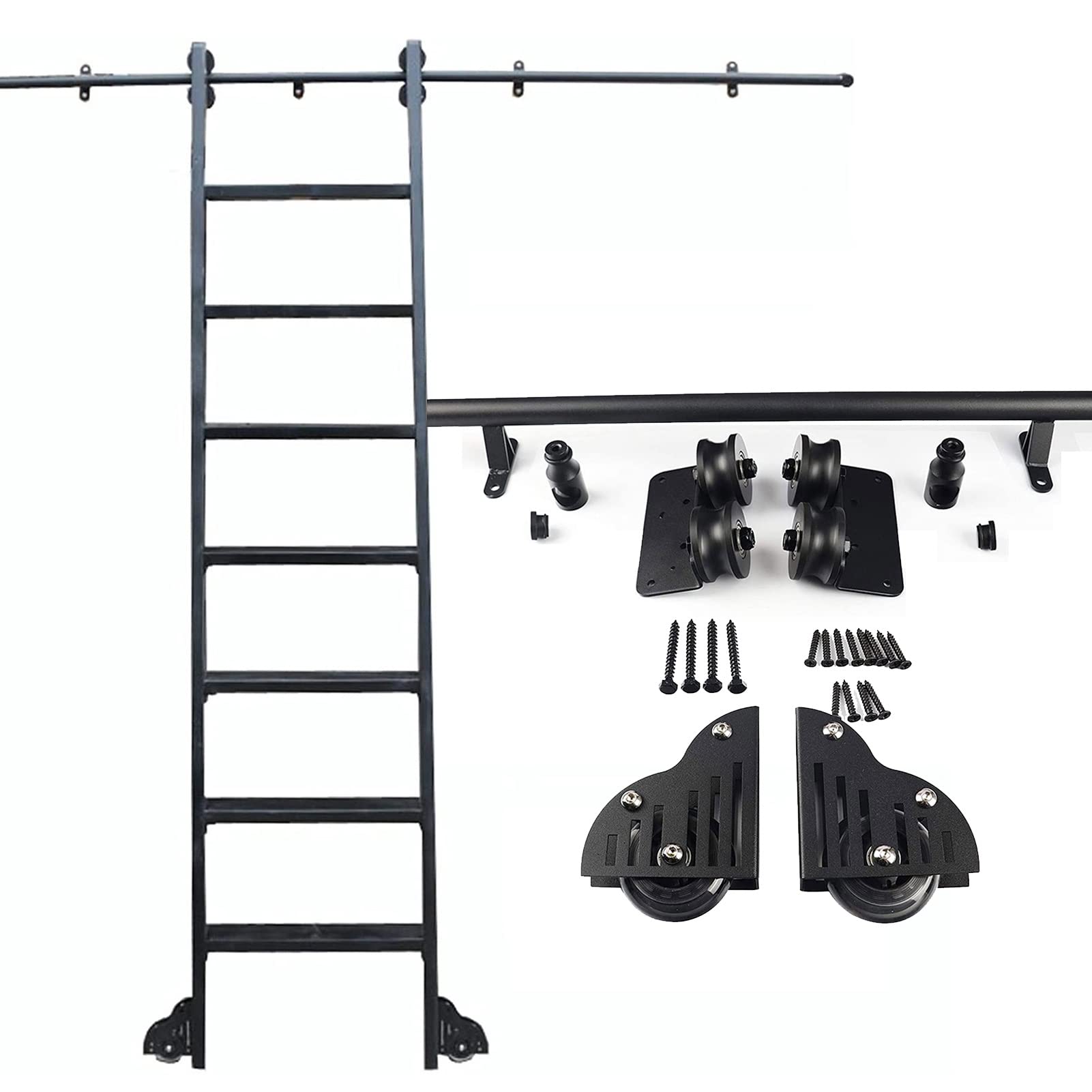 MRVAKDYDI Retractable Rolling Library Ladder Rails Kit, Sliding Rolling Library Ladder Hardware Track Kit Black Round Tube 3.3-20ft Floor Wheels(3.3ft/100cm Track Kit)