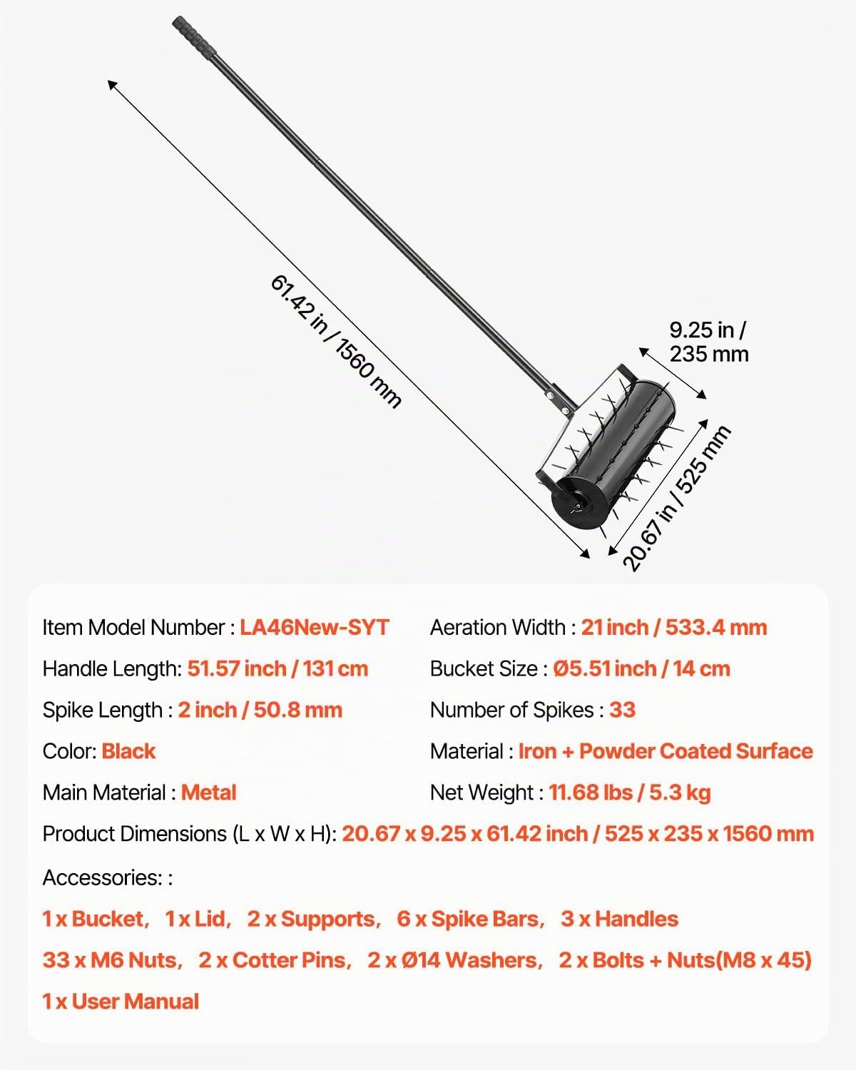 VEVOR Aérateur de Pelouse Roulant, 533,4 mm, Aérateur de Gazon Manuel Robuste avec Poignée Amovible, 33 Pointes en Fer, Outil d'Aération de Terrasse Roulant pour Jardin, Cour, Pelouses Compactés, Noir