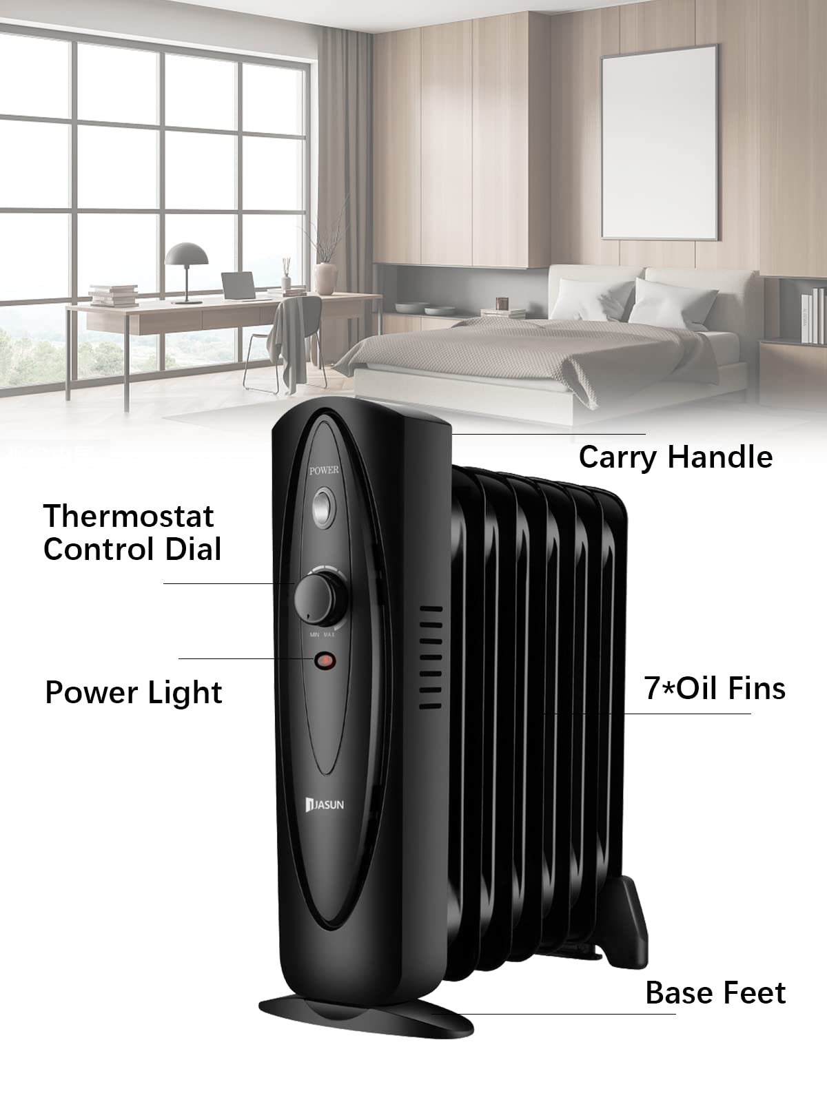 Amazon.com: Mini Oil Filled Space Heater, JASUN Electric Radiator Heater  with Adjustable Temperature, 700W Powerful Heating for Bedroom, Office,  Living Room, Black : Home u0026 Kitchen