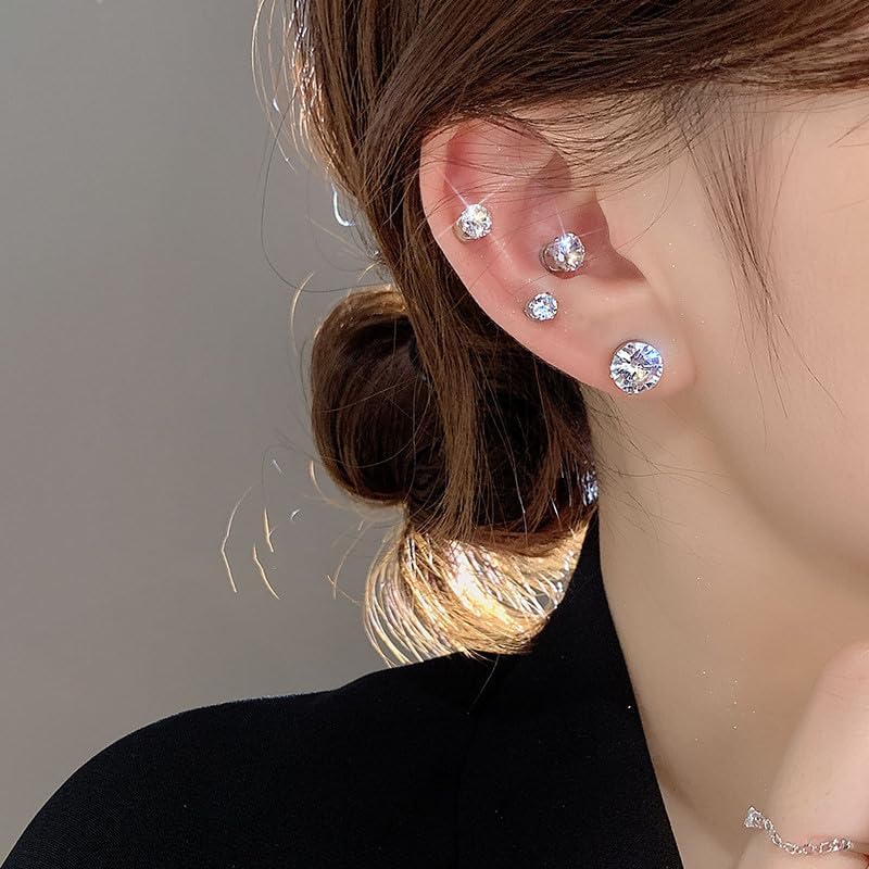SANNIDHI® 5 Pairs Earrings Set for Women 4/5/6/7/8mm Rhinestone Magnetic Shiny Clip-on Earring Round Cubic Zirconia Stud Earrings for Non-Pierced Ears 2