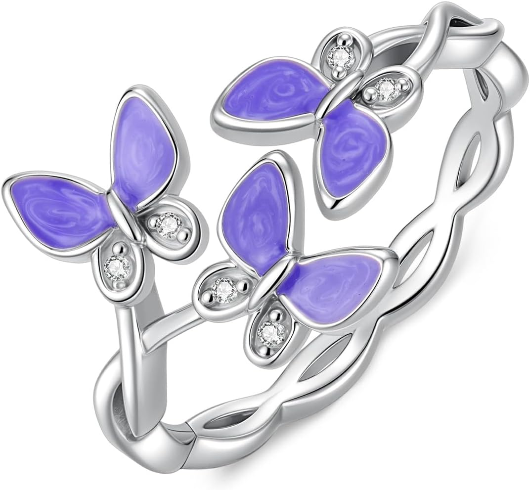 Diamond Butterfly Rings for Women 925 Sterling Silver Purple Enamel Floral Butterfly Ring with Lab Grown Diamond Jewelry Gifts for Birthday