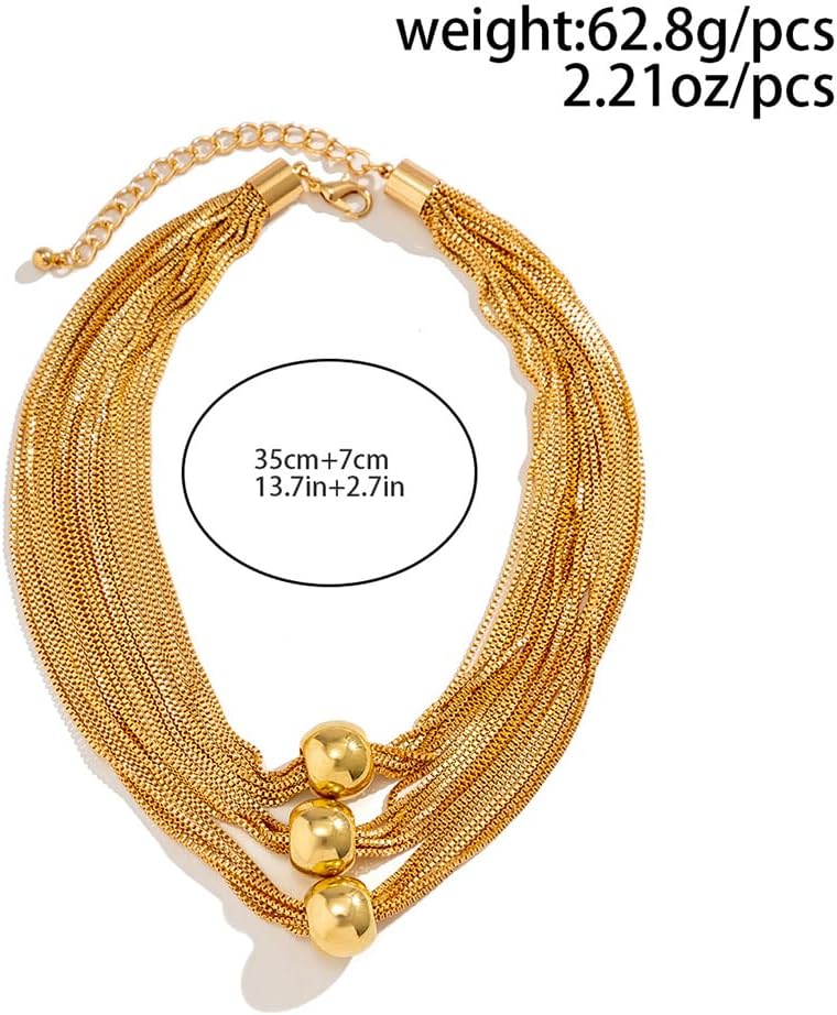 Chunky Gold Round Bead Y Necklace, 14K Gold Plated Stacked Multi Layer Chain Statement Short Necklace, Minimalist Geometric Fashion Jewelry Gift