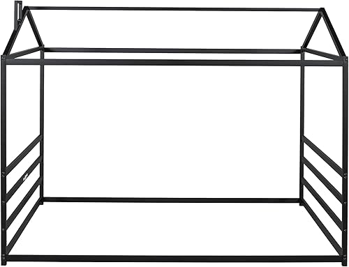 Miniatura 134 de Cama de metal de tamaño individual con valla para niños, adolescentes, niñas, niños, cama de piso de casa, camas Montessori, se puede decorar marco