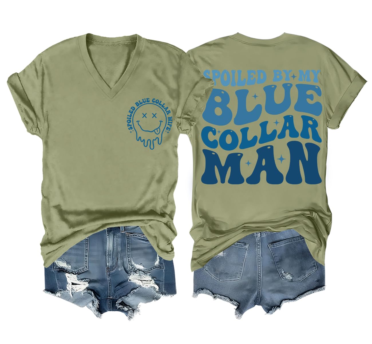 Spoiled by My Blue Collar Man V Neck Shirt Funny Blue Collar Wife Shirt