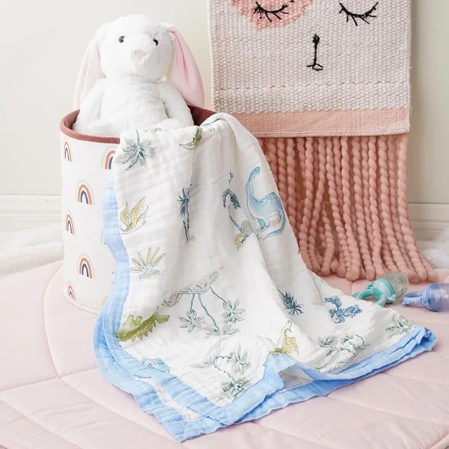 Image of 100% Cotton 6-Layer Muslin Baby Blanket | Super Soft, Breathable & All Seasons Multipurpose Blanket for Babies (Dino)