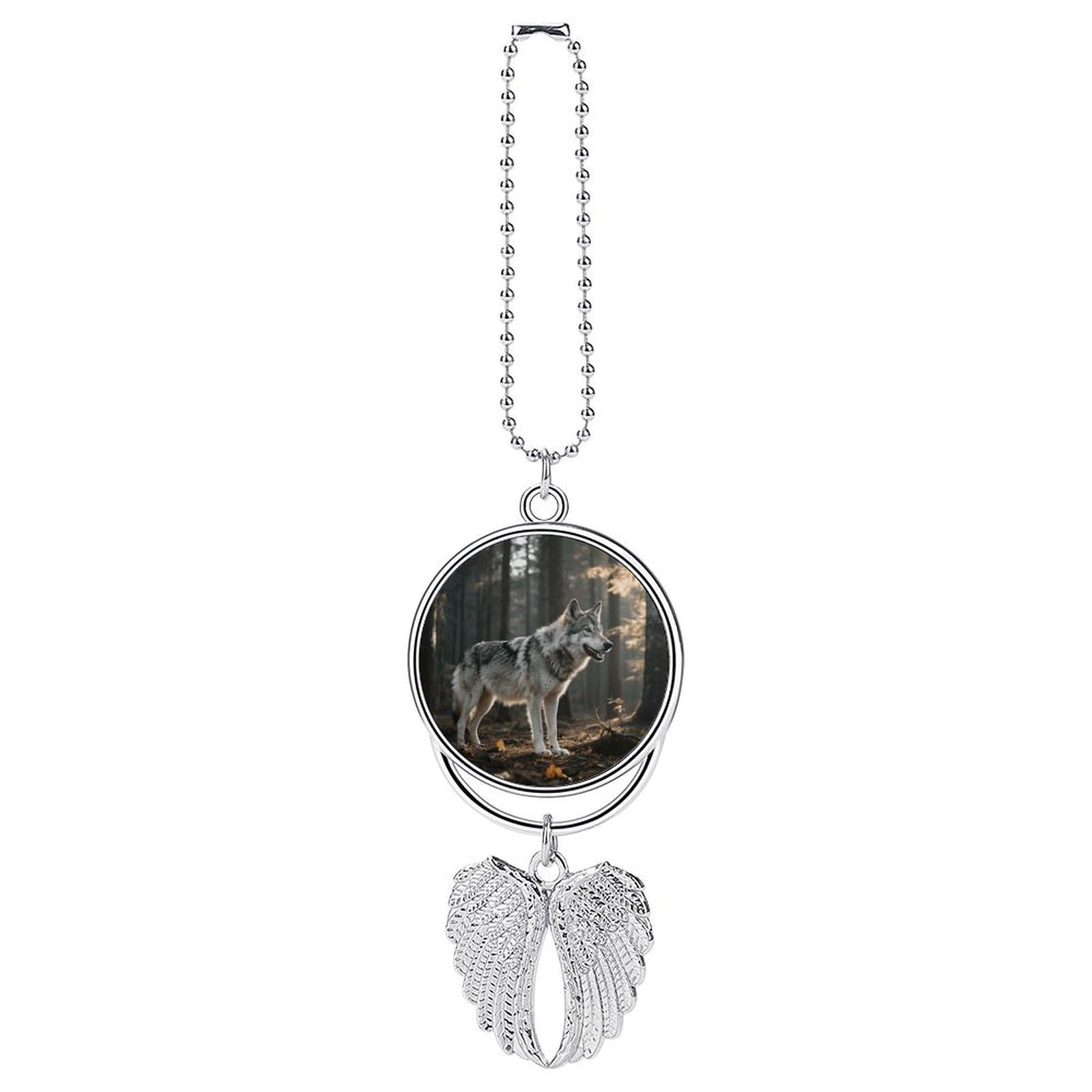 Wolf Car Pendant Car Rearview Mirror Pendant Custom Photo Car Hanging Ornament Car Rear View Mirror Hanging Accessories Angel Wing Car Charm Gift for Men Women