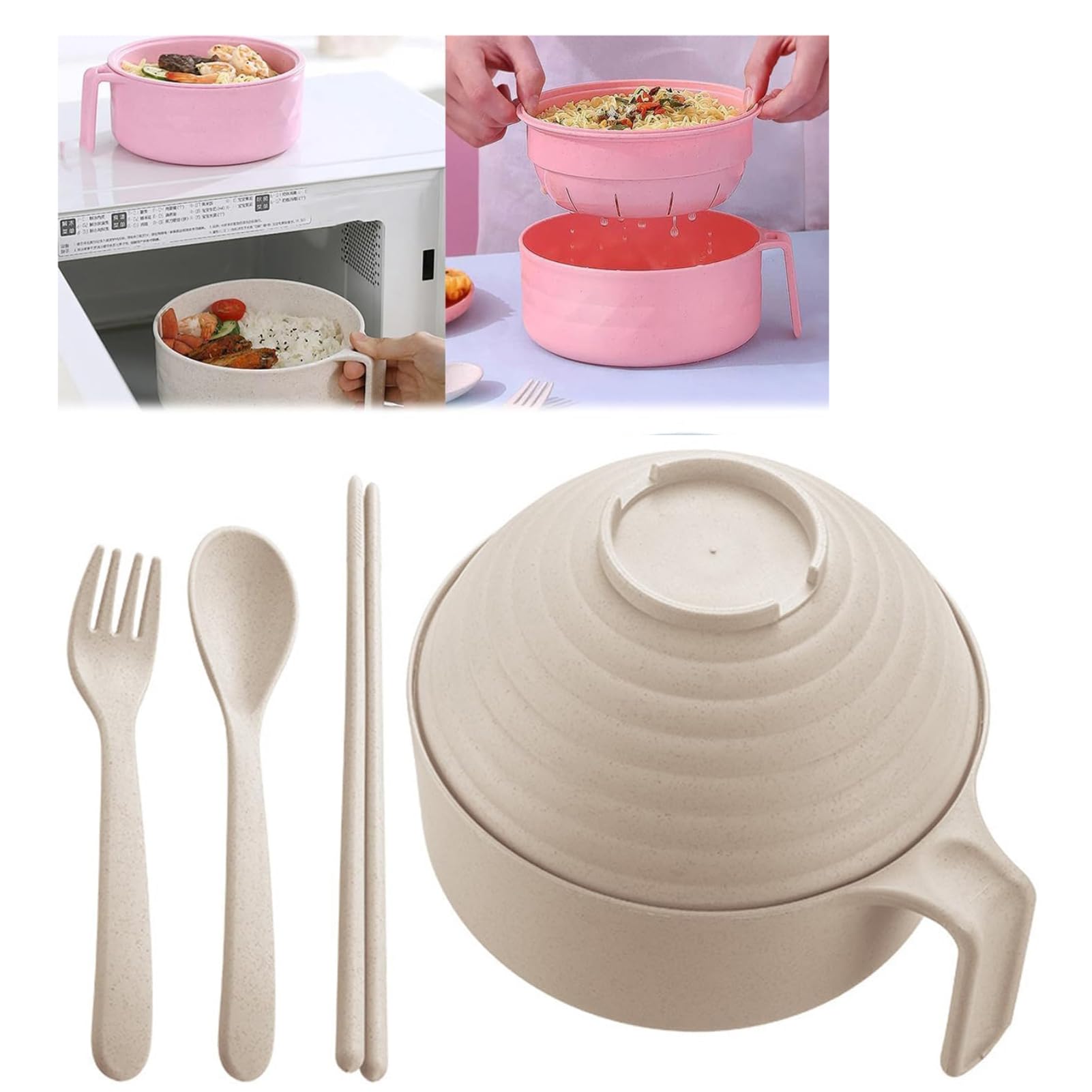 Fiauli Ramen Cooker Ramen Bowl Set,33 oz Microwave Noodle Cooker with Handle,Spoon Chopsticks Fork,Plastic Ramen Noodle Bowl,Microwavable Fast Ramen Pot College Dorm Room Apartment Essentials Beige