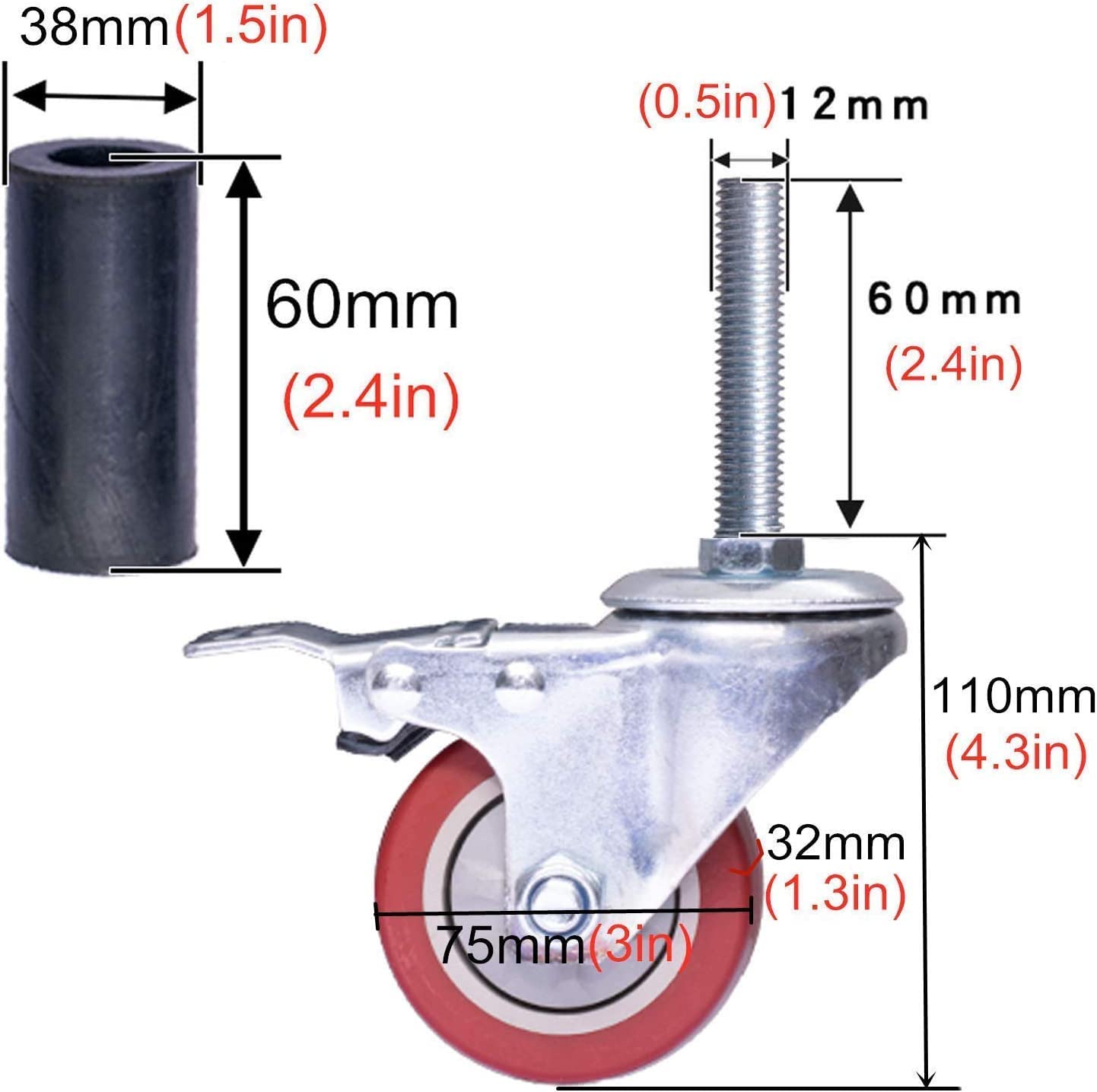 TEmkin Ruote girevoli Ruote girevoli con Tubo Tondo, Ruote con Stelo per carichi Pesanti Ruote con Freno (75 mm/3 Pollici 38 mm)