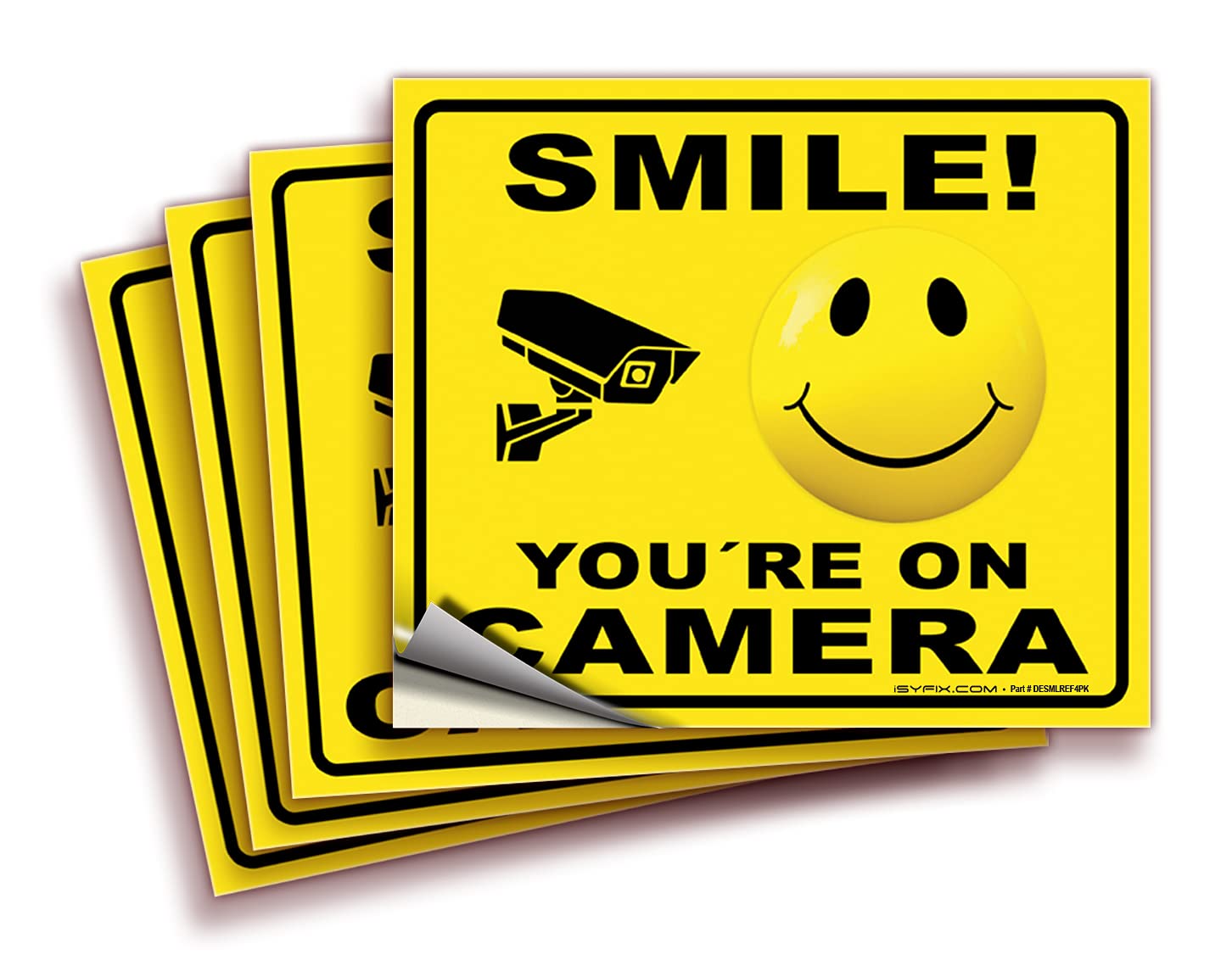 iSYFIXSmile You're On Camera Reflective Stickers for Home - 4 Pack 7x6 Inch - UV, Weather, Scratch, Fade Resistance, Security Camera Sign for Home, Business, CCTV