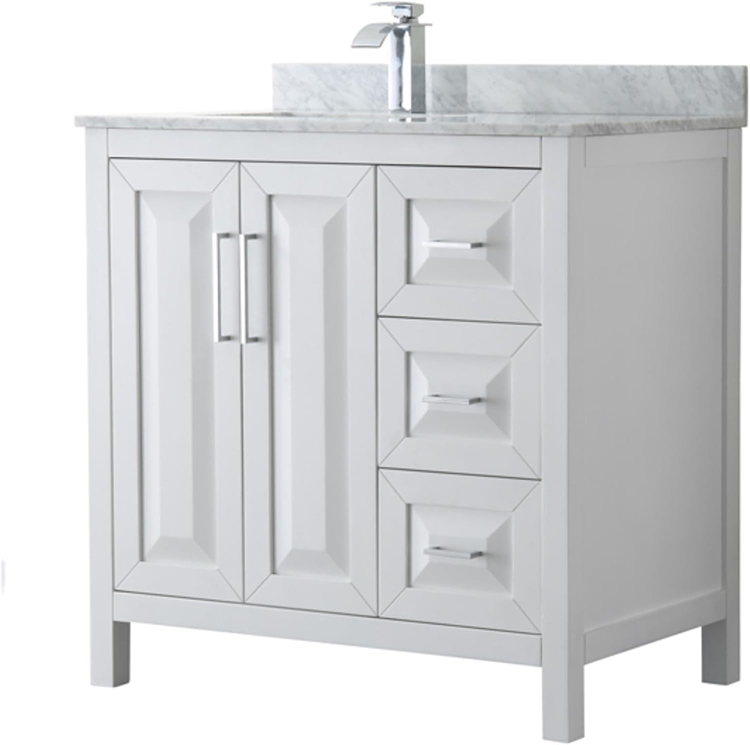 Wyndham Collection Daria 36 inch Single Bathroom Vanity in White, White Carrara Marble Countertop, Undermount Square Sink, and No Mirror