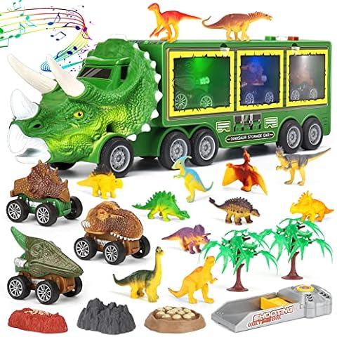 Aoskie Dinosaur Toys for Kids 3-7, Transporter Truck with Roar Sound & Lights, 3 Pull Back Cars, 12 Dinosaurs (23Pcs) Cover