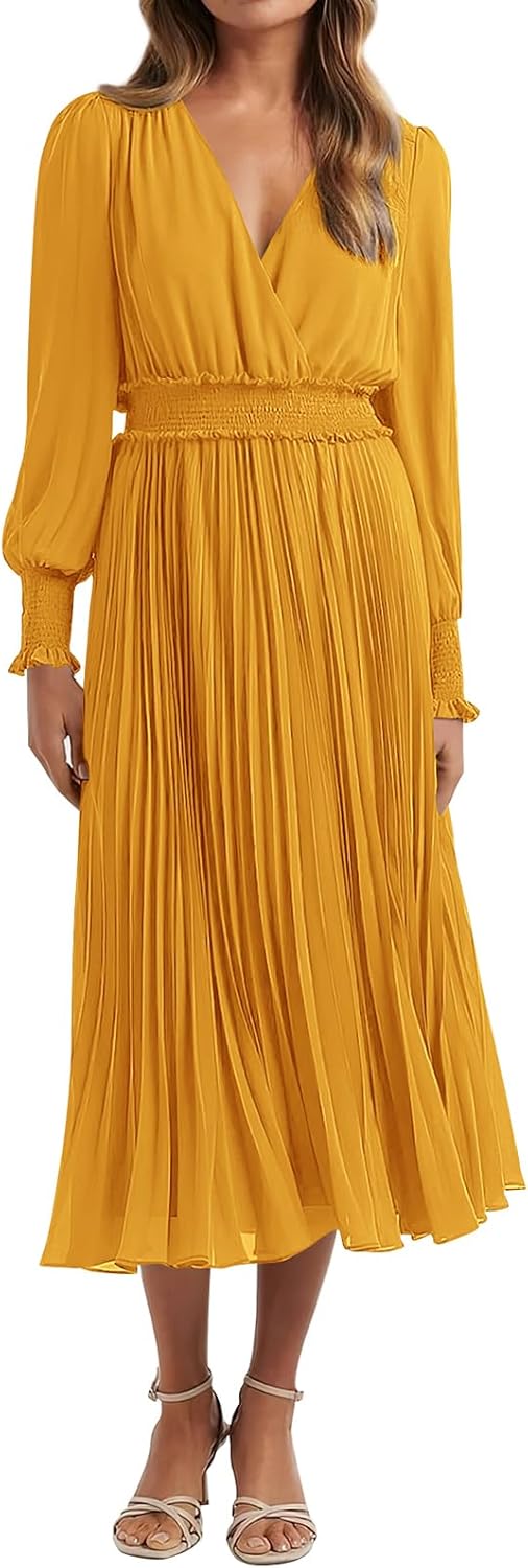 PRETTYGARDEN Womens Wrap V Neck Fall Dresses Wedding Guest Casual Pleated Long Sleeve Midi Dress Ruffle Smocked Long Dress