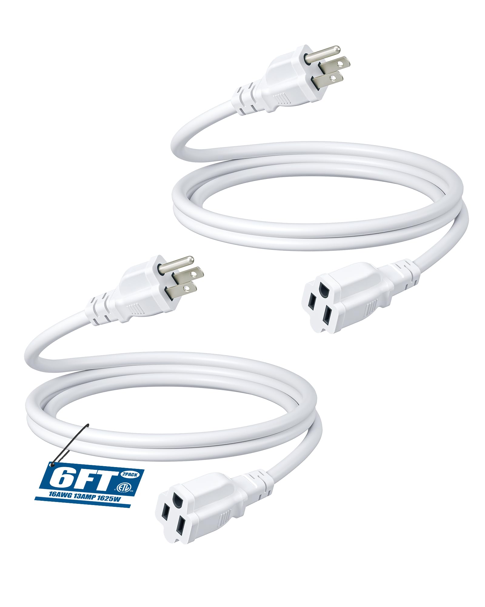 DEWENWILS 6 Foot Extension Cord, 16 AWG SJTW Weatherproof Power Cable for Indoor Outdoor Use, 3 Prong Grounded Outlets Plugs, NEMA 5-15P to NEMA 5-15R, White, UL Listed, 2 Pack
