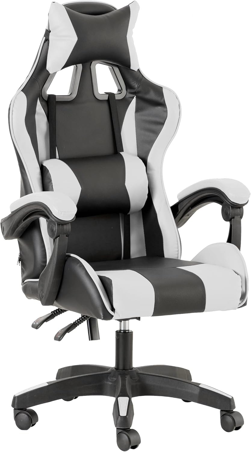 Sedia da Gaming Ergonomica Reclinabile fino a 135° con Poggiapiedi Cuscino Supporto Lombare e Poggiatesta con Rotelle Rotazione a 360°, Pistone a Gas Poltrona da Ufficio Portata 125kg (Bianco)