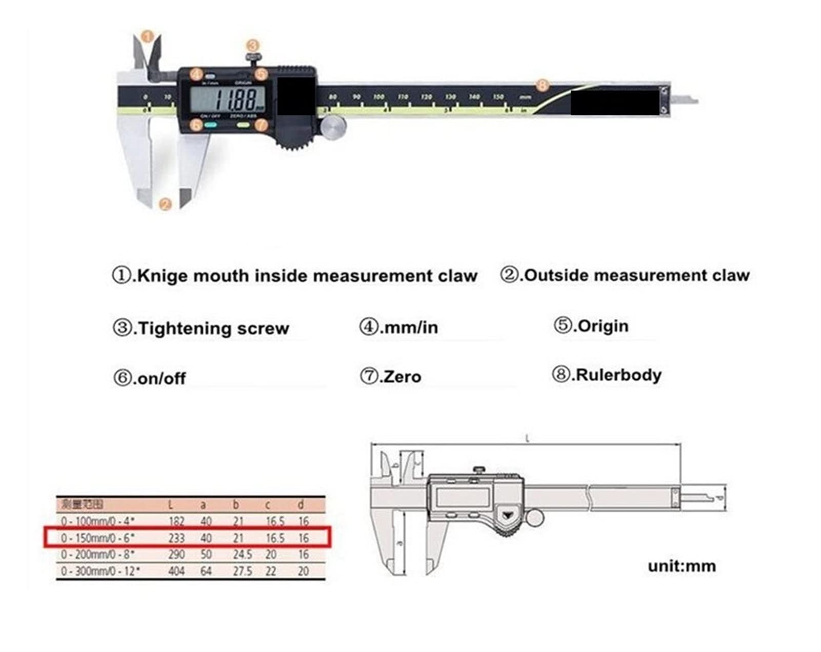 Calibrador digital Absoluto 500-196-20 Batería de acero inoxidable Pulgada/métrica 6 "Rango de" 50.001 "Exactitud 0.0005 & quot,Precisión y claridad