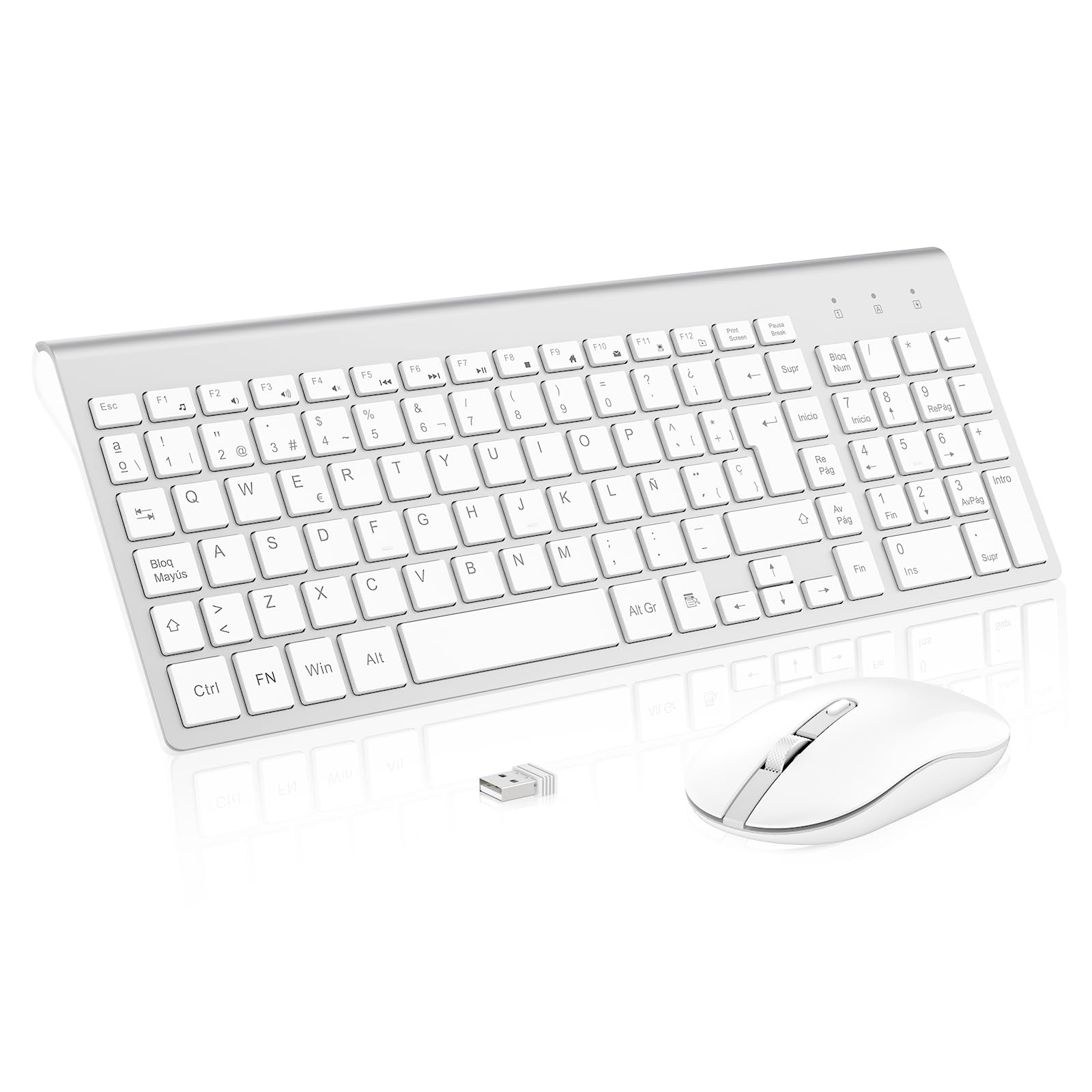 cimetech Combo Teclado y Ratón Inalambrico, 2.4G Teclado Raton Inalambrico Español 2 en 1 USB Ultra Delgado Silencioso Mouse, para PC/Laptops/Ordenador/Escritorio (Blanco y Plata)