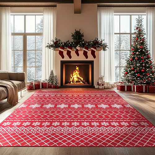 Large 8×10 Christmas Rugs Living Room Washable Rug Non Slip Red Carpet Holiday Decor Ultra Soft Xmas Rug for Bedroom Dining Room Home Office Under Table(Snowflake Red,8x10ft)