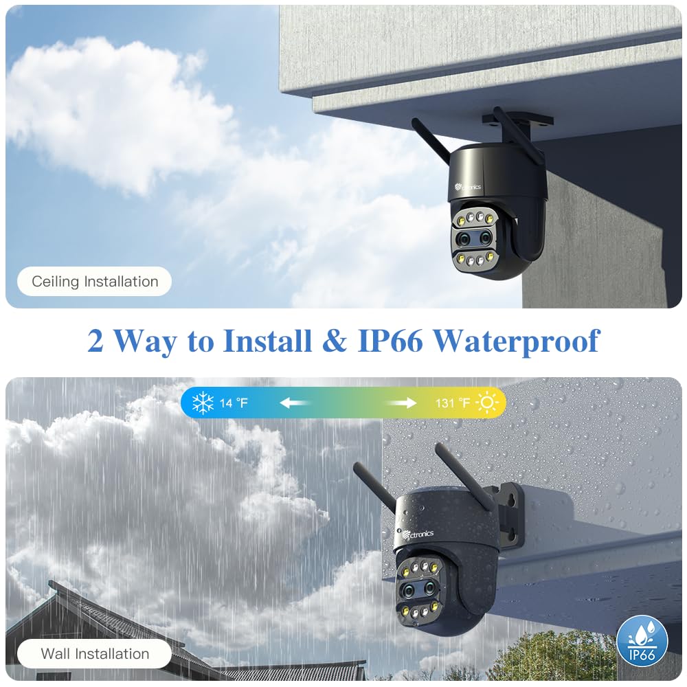 Ctronics Zoom Ibrido 6X Videocamera Wi-Fi Esterno con Doppio Obiettivo | Tracciamento Zoom Automatico Sorveglianza, Rilevamento Umano Visione Notturna a Colori Audio Bidirezionale IP66 (Nero)