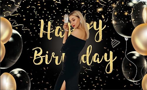 Miniatura 2 de 6 telón de fondo de cumpleaños negro y dorado de 3.6 pies, fondo de globo dorado transparente, telón de fondo de feliz cumpleaños para mujeres y
