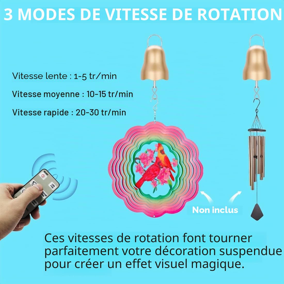 Moteur à vent alimenté par batterie, moteur à boule disco lente de 1 à 30 tr/min, avec télécommande, 3 modes de vitesse de rotation, boule miroir, carillon éolien