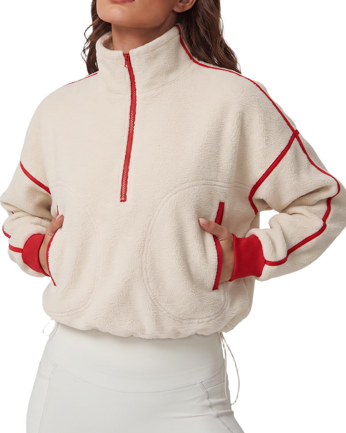 QINSEN Women's Half Zip Fleece Short Pullover Sweatshirt Winter Long Sleeve Cozy Sherpa Sweater Top